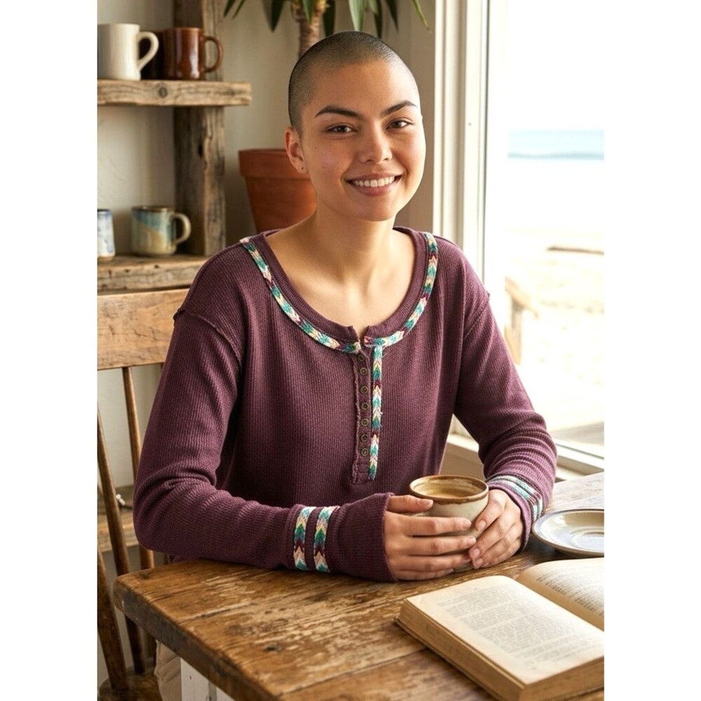 NEW! We The Free Women's Small Henley Rainbow Thermal Top Long Sleeve Scoop Neck